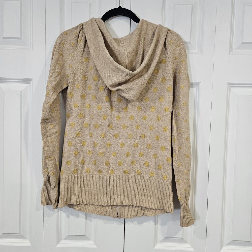 Moth Women Hooded Zip Wool Blend Cardigan Sweater Tan Yellow Dots Large Ruffle - Picture 8 of 9